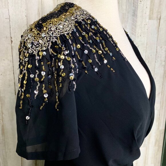 Mac Duggal Black Embellished Shoulder Short Sleeves V-Neck Wrap Dress Size 8 NEW - Picture 9 of 14
